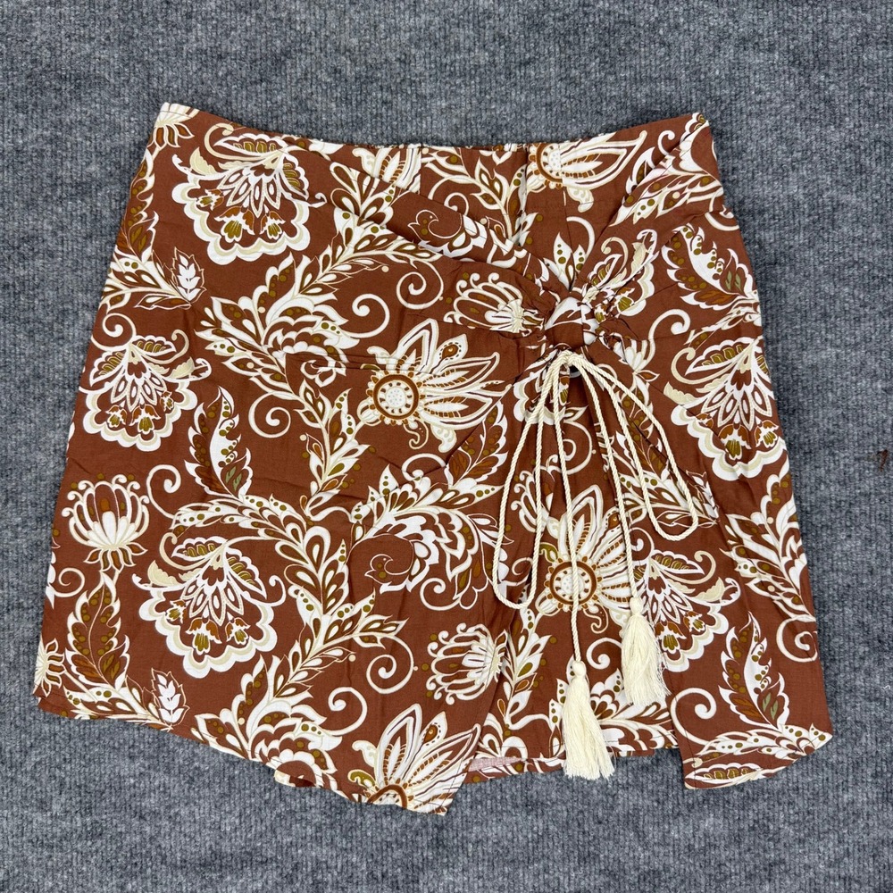 NWT Dokotoo Brown Floral Wrap Skort with Tassel Tie Boho Shorts Beachy Size L - Picture 2 of 8